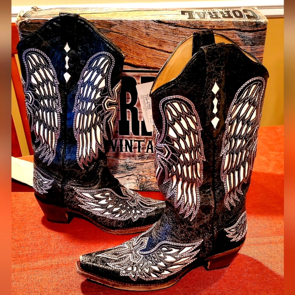 Corral Women's Distressed Black w Cross & Wings Inlay Square Toe Cowboy Boots